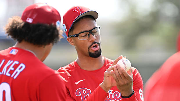 Feb 17, 2023; Clearwater, FL, USA; Philadelphia Phillies pitcher Jon Duplantier (50) prepares to warm up during spring training.